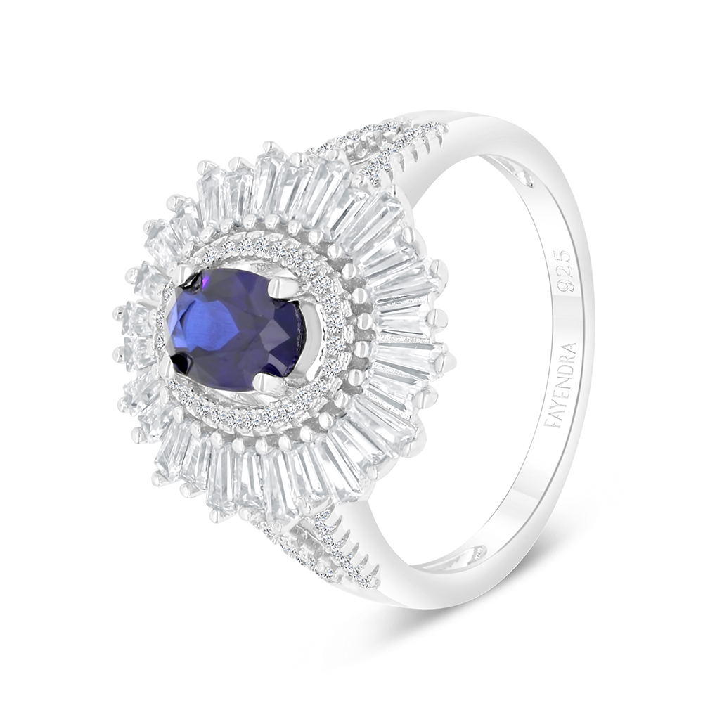 Sterling Silver 925 Ring Rhodium Plated Embedded With Sapphire Corundum And White CZ