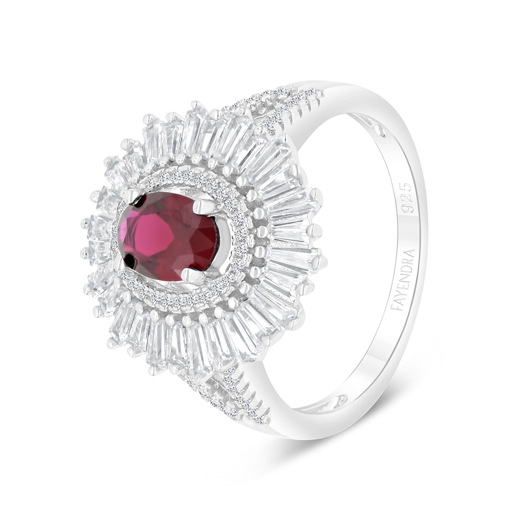 Sterling Silver 925 Ring Rhodium Plated Embedded With Ruby Corundum And White CZ