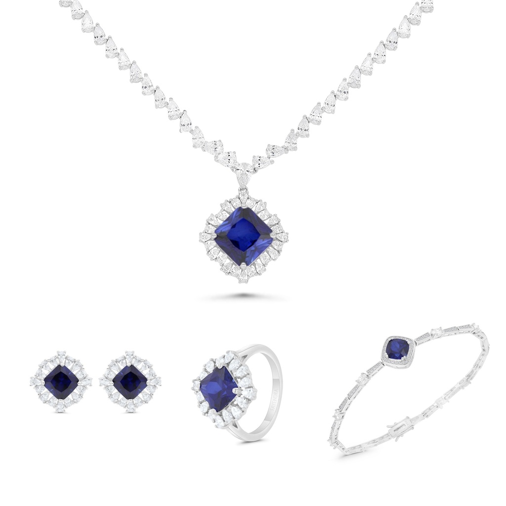 Sterling Silver 925 SET Rhodium Plated Embedded With Sapphire CorundumAnd White CZ