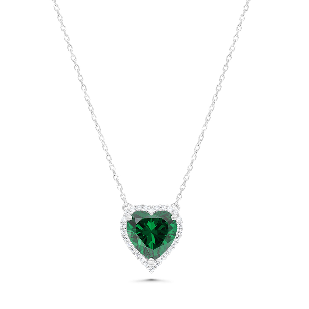 Sterling Silver 925 Necklace Rhodium Plated Embedded With Emerald Zircon And White CZ