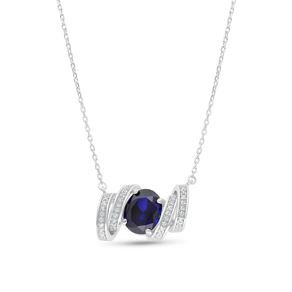 Sterling Silver 925 Necklace Rhodium Plated Embedded With Sapphire Corundum And White CZ