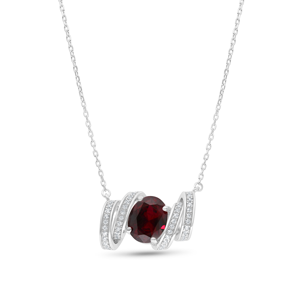 Sterling Silver 925 Necklace Rhodium Plated Embedded With Ruby Corundum And White CZ