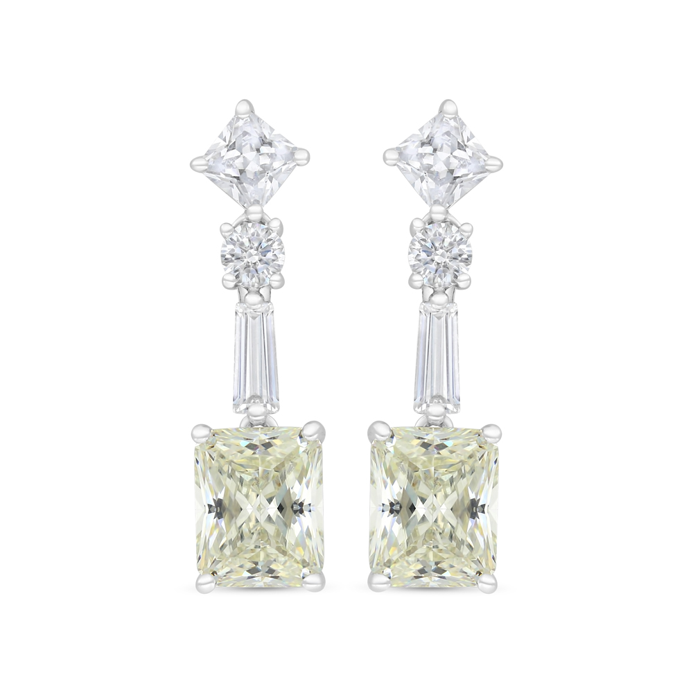 Sterling Silver 925 Earring Rhodium Plated Embedded With Yellow Zircon And White CZ