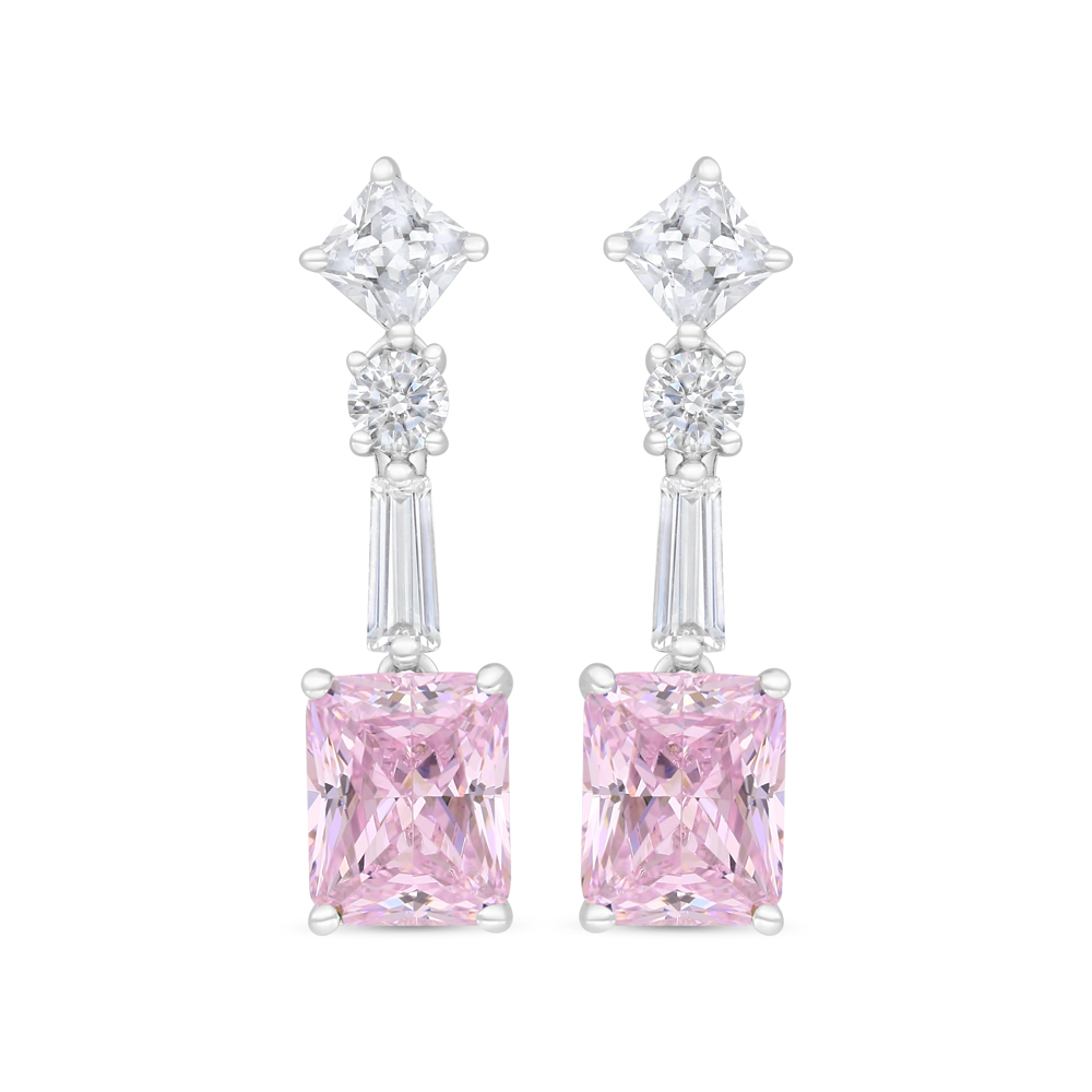 Sterling Silver 925 Earring Rhodium Plated Embedded With pink Zircon And White CZ