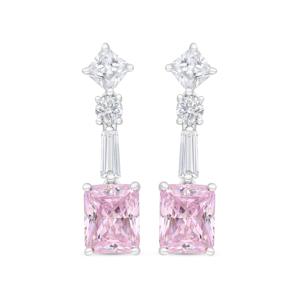 Sterling Silver 925 Earring Rhodium Plated Embedded With pink Zircon And White CZ