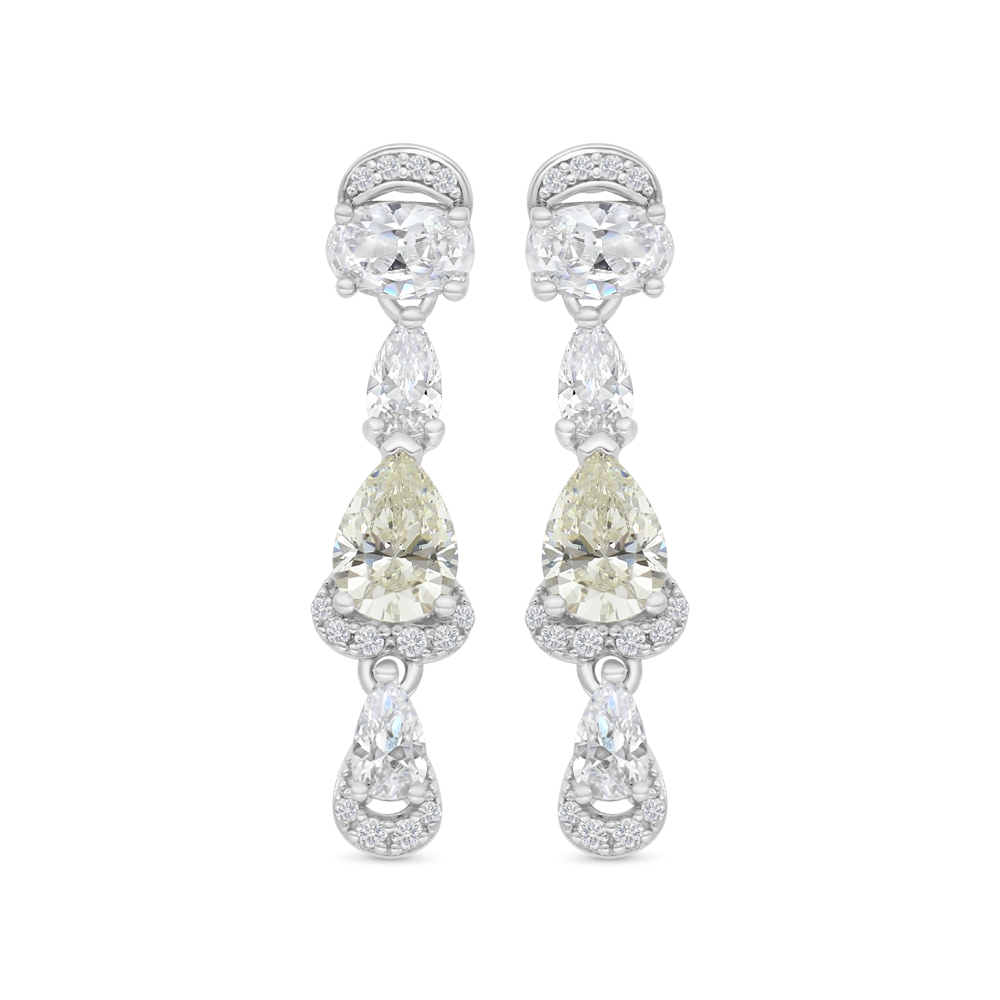 Sterling Silver 925 Earring Rhodium Plated Embedded With Yellow Zircon And White CZ