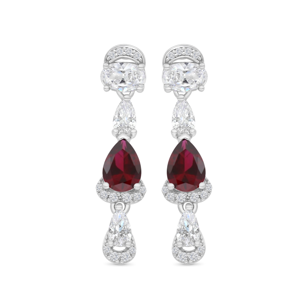 Sterling Silver 925 Earring Rhodium Plated Embedded With Ruby Corundum And White CZ