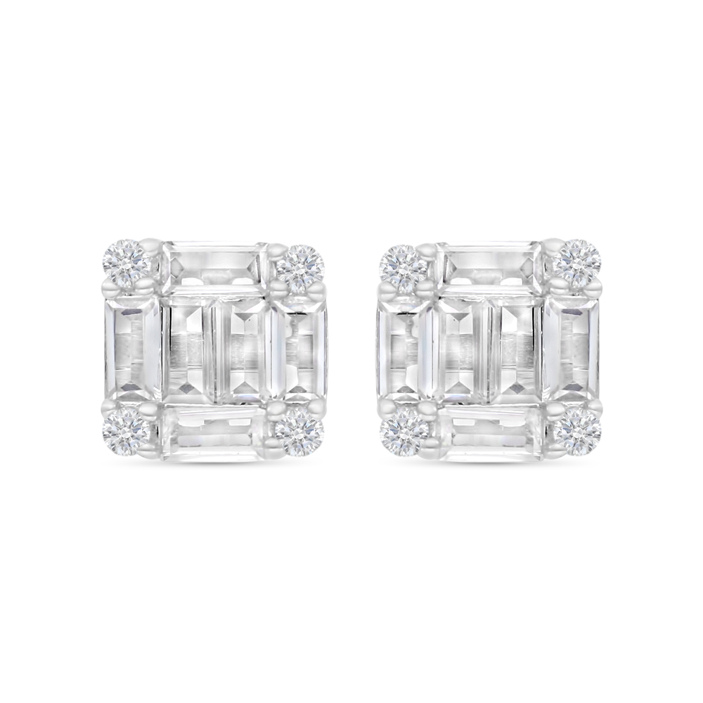 Sterling Silver 925 Earring Rhodium Plated Embedded With White CZ