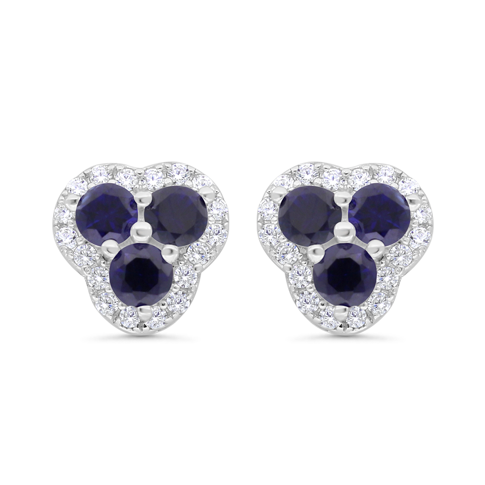 Sterling Silver 925 Earring Rhodium Plated Embedded With Sapphire Corundum And White CZ