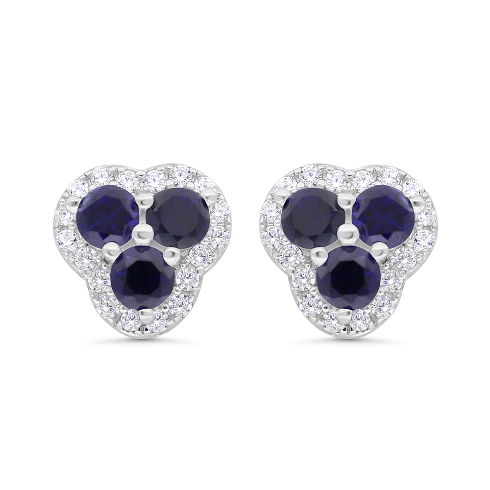 Sterling Silver 925 Earring Rhodium Plated Embedded With Sapphire Corundum And White CZ