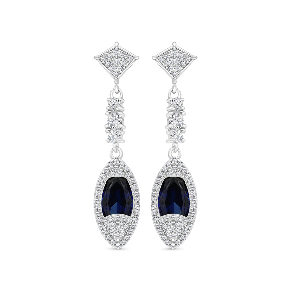 Sterling Silver 925 Earring Rhodium Plated Embedded With Sapphire Corundum And White CZ