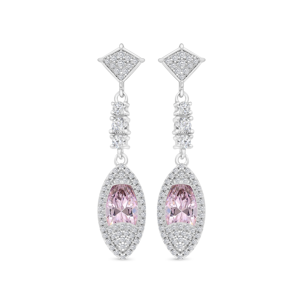 Sterling Silver 925 Earring Rhodium Plated Embedded With pink Zircon And White CZ