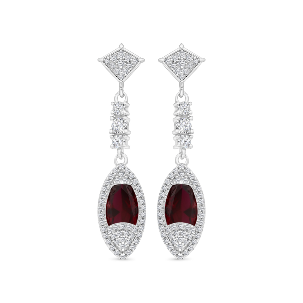 Sterling Silver 925 Earring Rhodium Plated Embedded With Ruby Corundum And White CZ