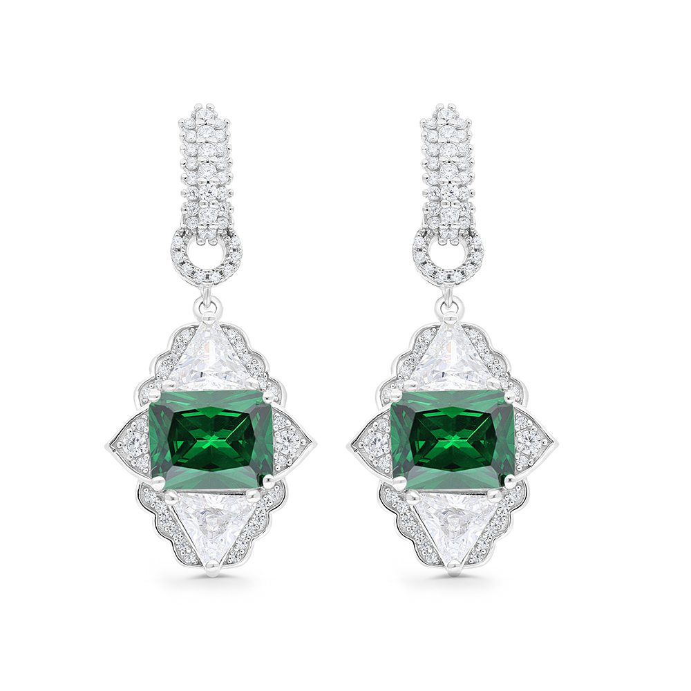 Sterling Silver 925 Earring Rhodium Plated Embedded With Emerald Zircon And White CZ