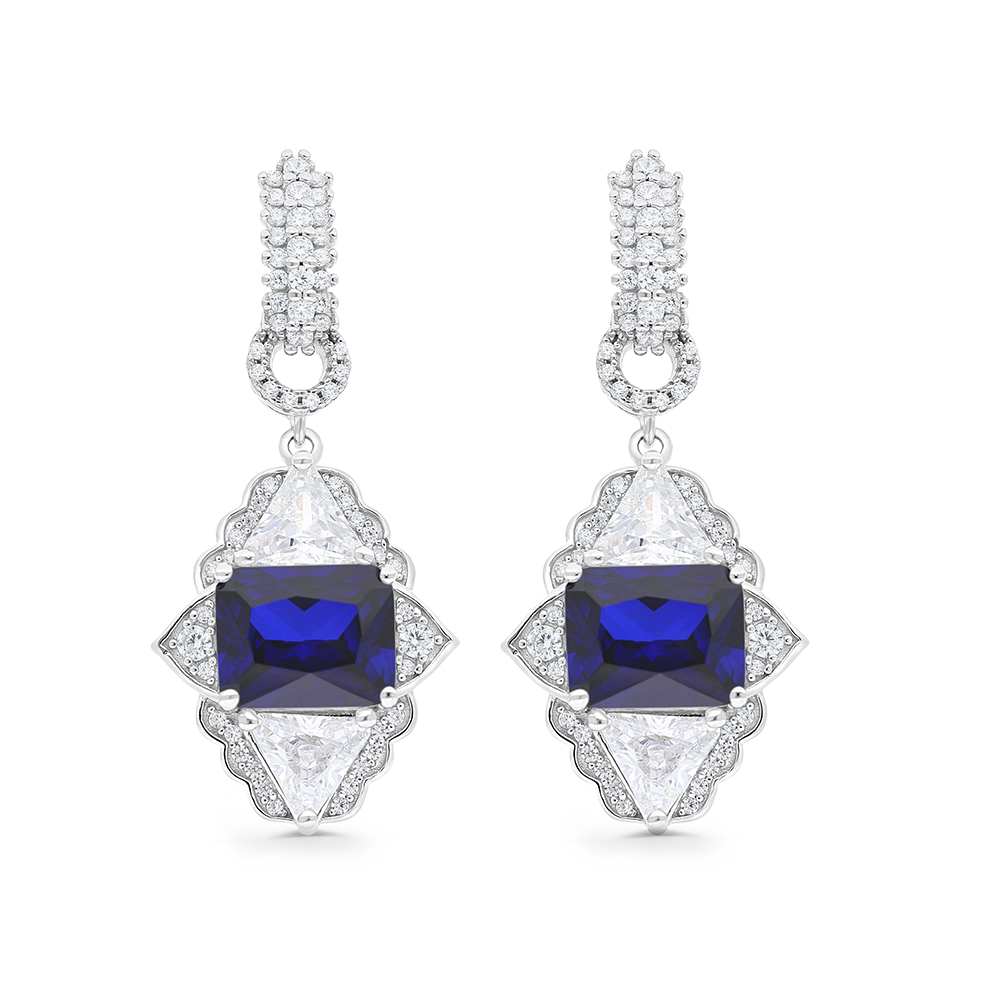 Sterling Silver 925 Earring Rhodium Plated Embedded With Sapphire Corundum And White CZ