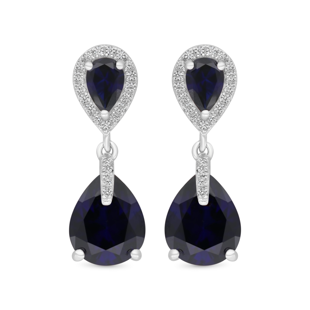 Sterling Silver 925 Earring Rhodium Plated Embedded With Sapphire Corundum And White CZ