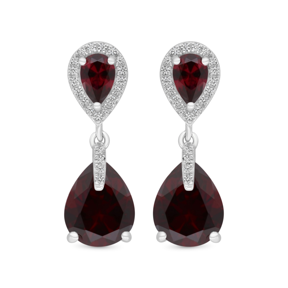 Sterling Silver 925 Earring Rhodium Plated Embedded With Ruby Corundum And White CZ