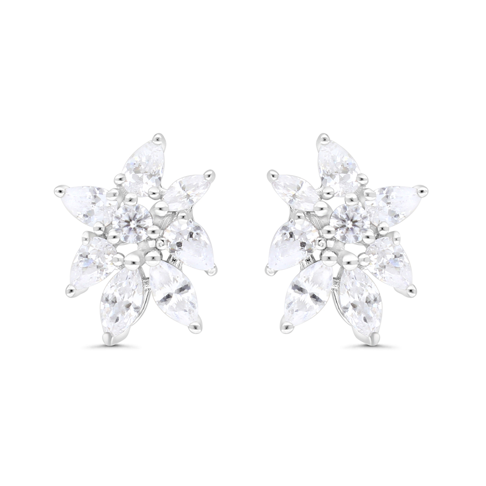 Sterling Silver 925 Earring Rhodium Plated Embedded With White CZ