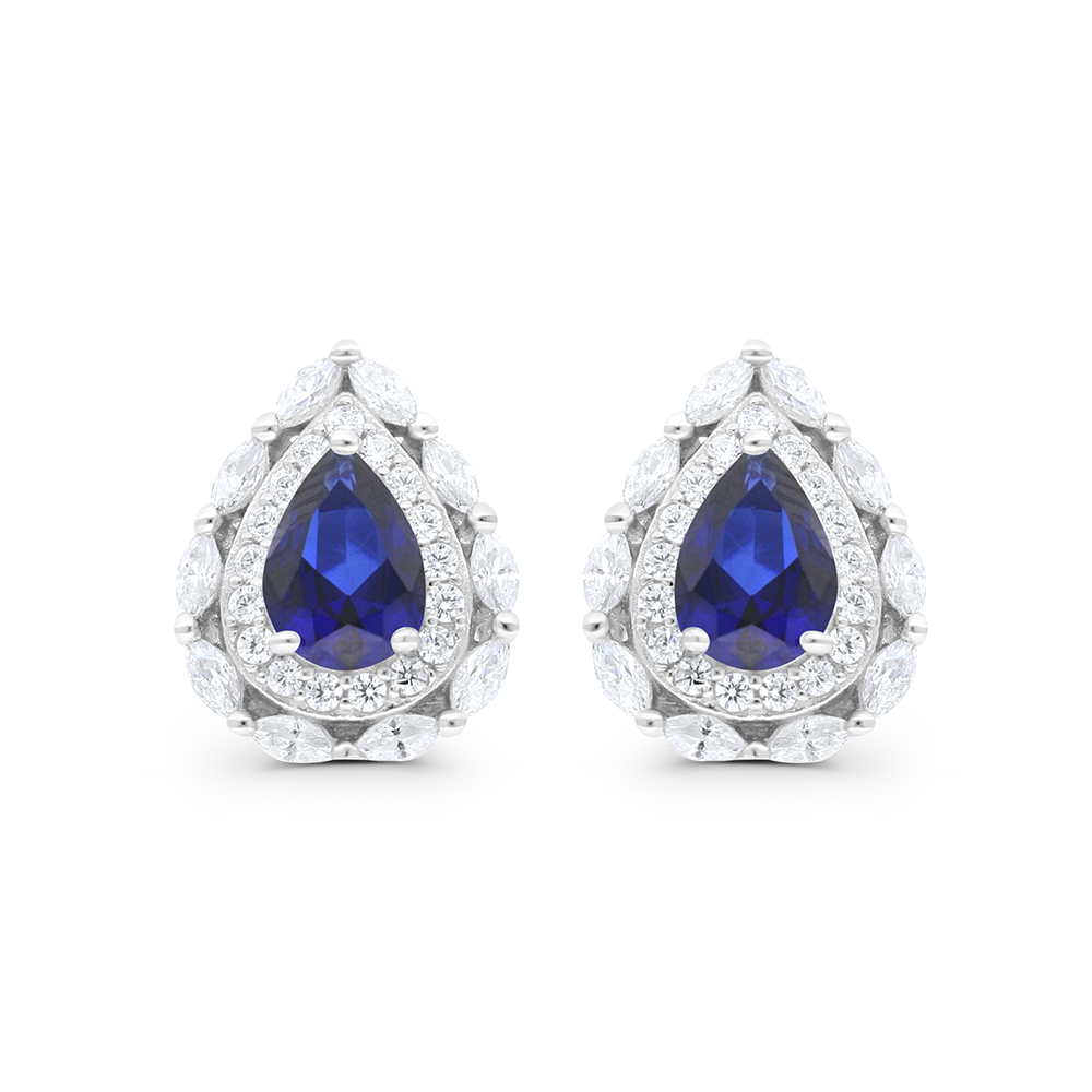 Sterling Silver 925 Earring Rhodium Plated Embedded With Sapphire Corundum And White CZ