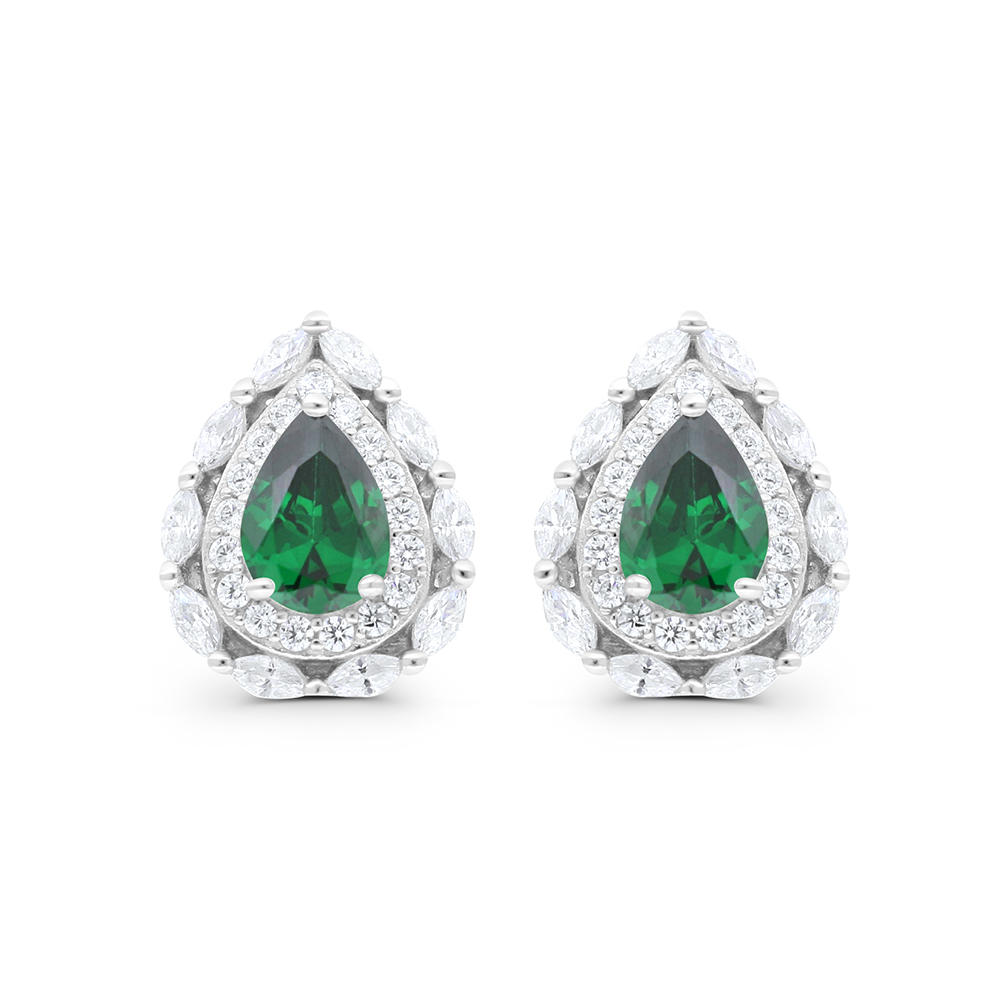 Sterling Silver 925 Earring Rhodium Plated Embedded With Emerald Zircon And White CZ