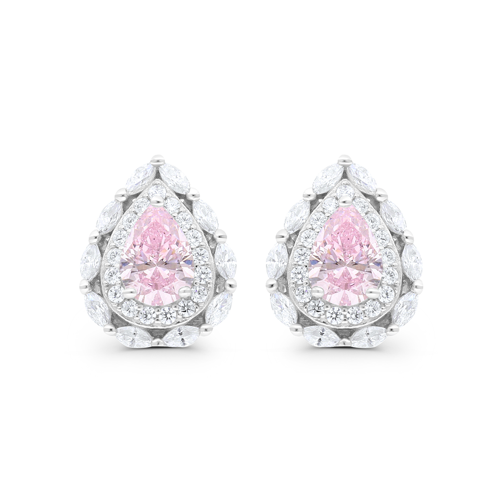 Sterling Silver 925 Earring Rhodium Plated Embedded With pink Zircon And White CZ