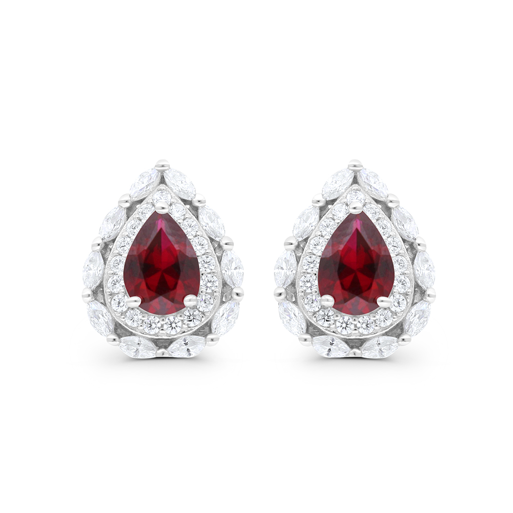 Sterling Silver 925 Earring Rhodium Plated Embedded With Ruby Corundum And White CZ