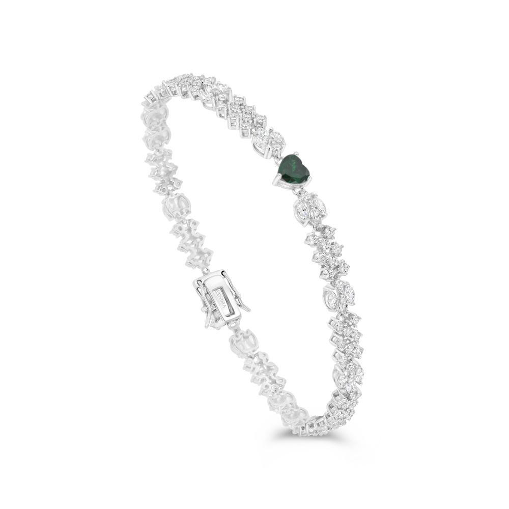 Sterling Silver 925 Bracelet Rhodium Plated Embedded With Emerald Zircon And White CZ