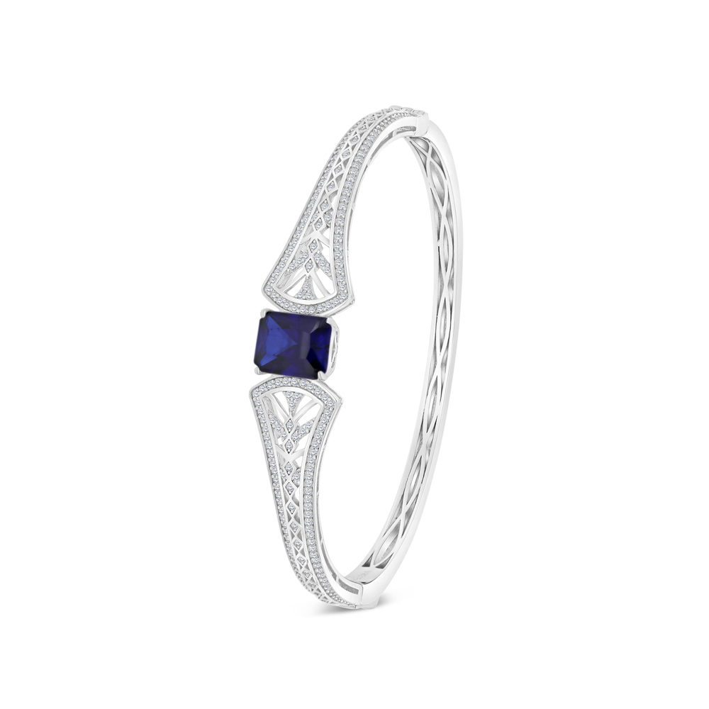 Sterling Silver 925 Bangle Rhodium Plated Embedded With Sapphire Corundum And White CZ
