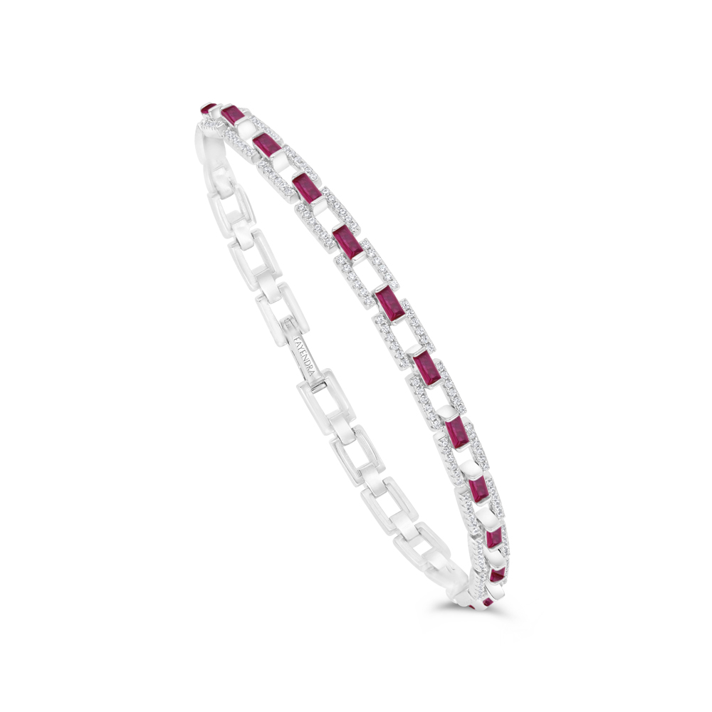 Sterling Silver 925 Bracelet Rhodium Plated Embedded With Ruby Corundum And White CZ 19 CM