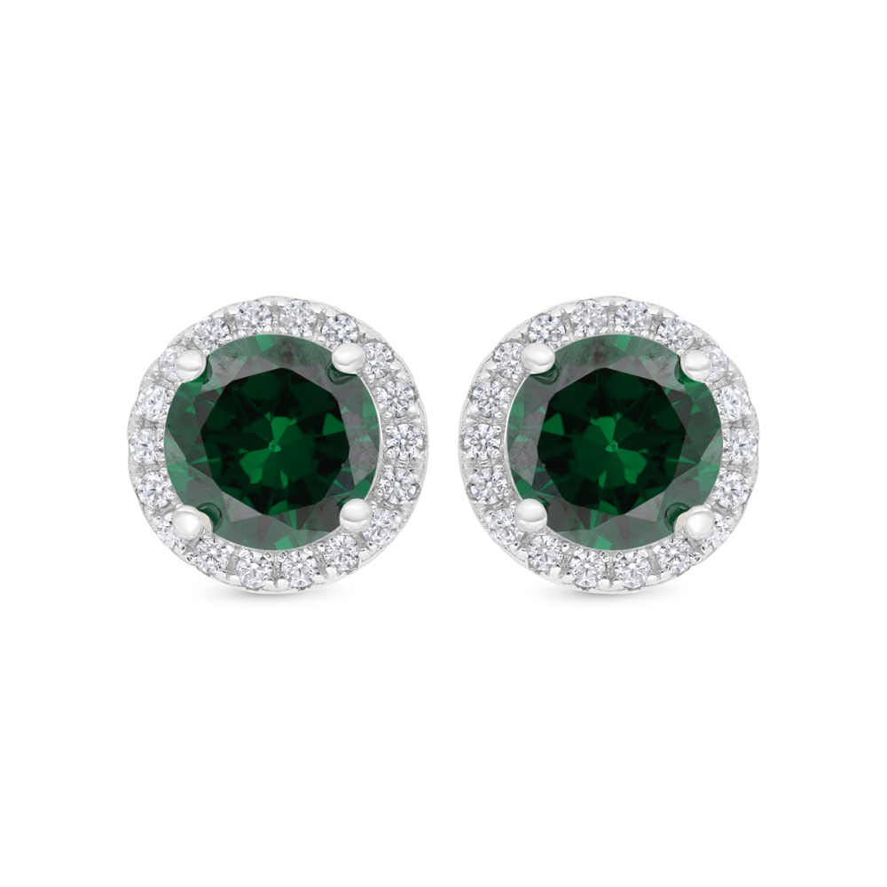 Sterling Silver 925 Earring Rhodium Plated Embedded With Emerald Zircon And White CZ