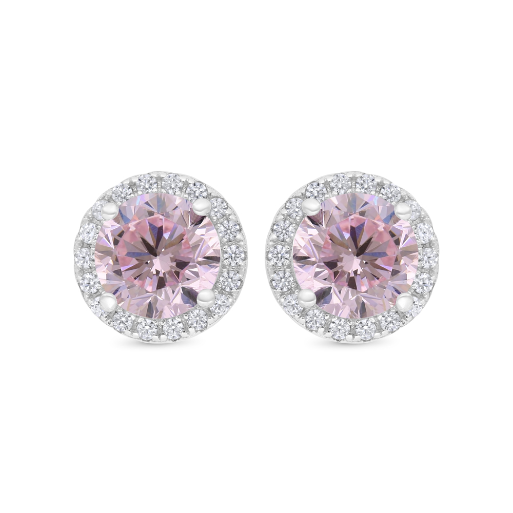 Sterling Silver 925 Earring Rhodium Plated Embedded With Pink Zircon And White CZ