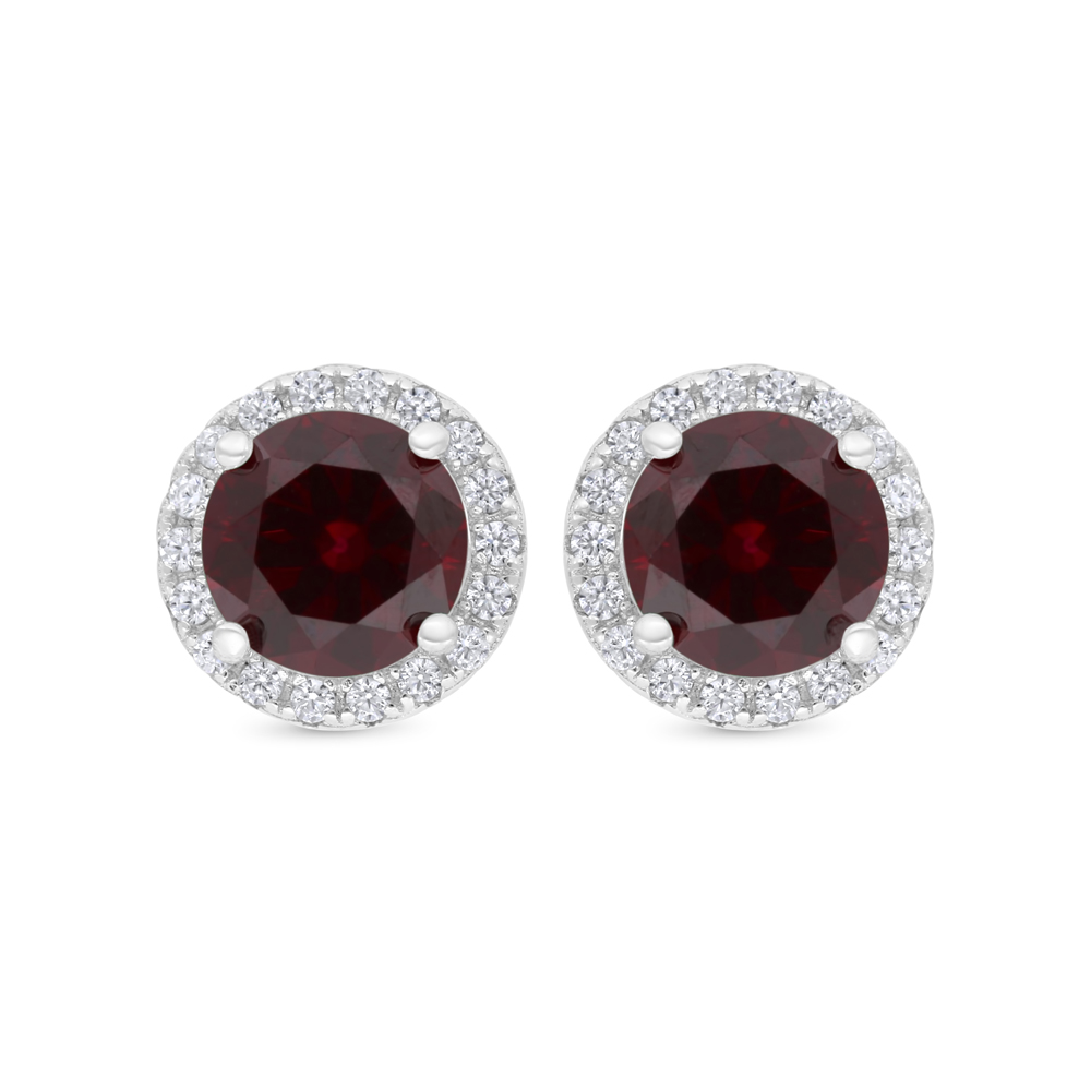 Sterling Silver 925 Earring Rhodium Plated Embedded With Ruby Corundum And White CZ