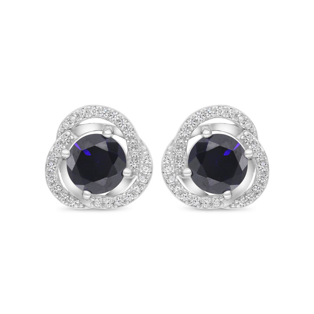 Sterling Silver 925 Earring Rhodium Plated Embedded With Sapphire Corundum And White CZ