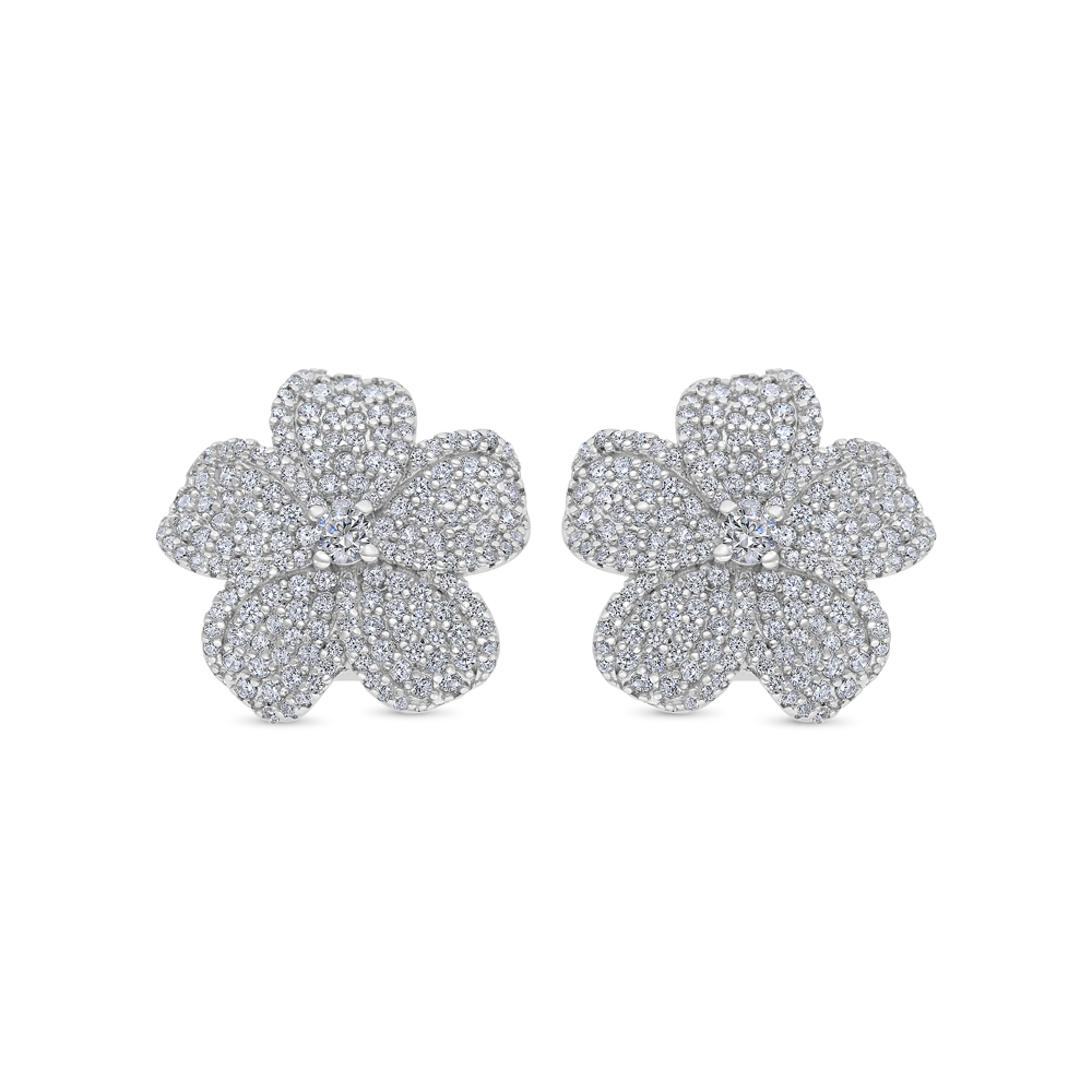 Sterling Silver 925 Earring Rhodium Plated Embedded With White CZ