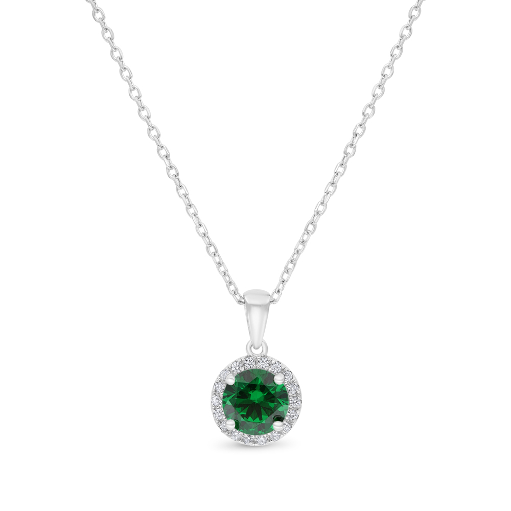 Sterling Silver 925 Necklace Rhodium Plated Embedded With Emerald Zircon And White CZ