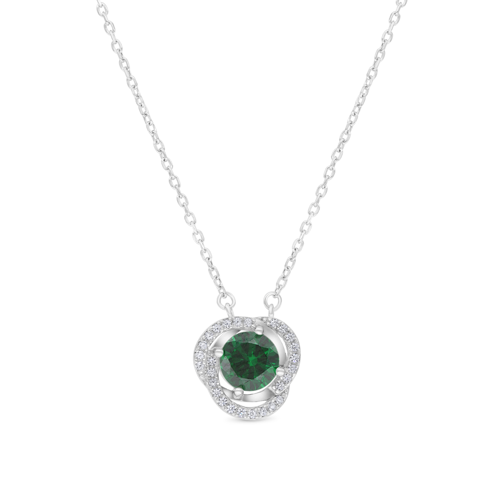 Sterling Silver 925 Necklace Rhodium Plated Embedded With Emerald Zircon And White CZ