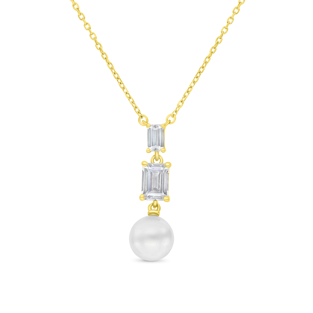 Sterling Silver 925 Necklace Gold Plated Embedded With White Shell Pearl And White CZ