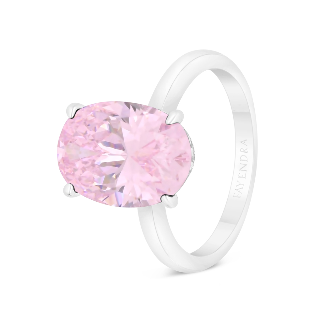 Sterling Silver 925 Ring Rhodium Plated Embedded With Pink Zircon And White CZ