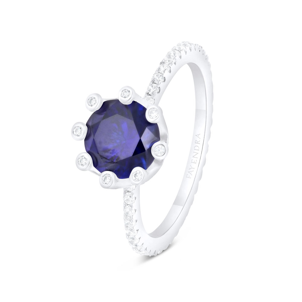 Sterling Silver 925 Ring Rhodium Plated Embedded With Sapphire Corundum And White CZ