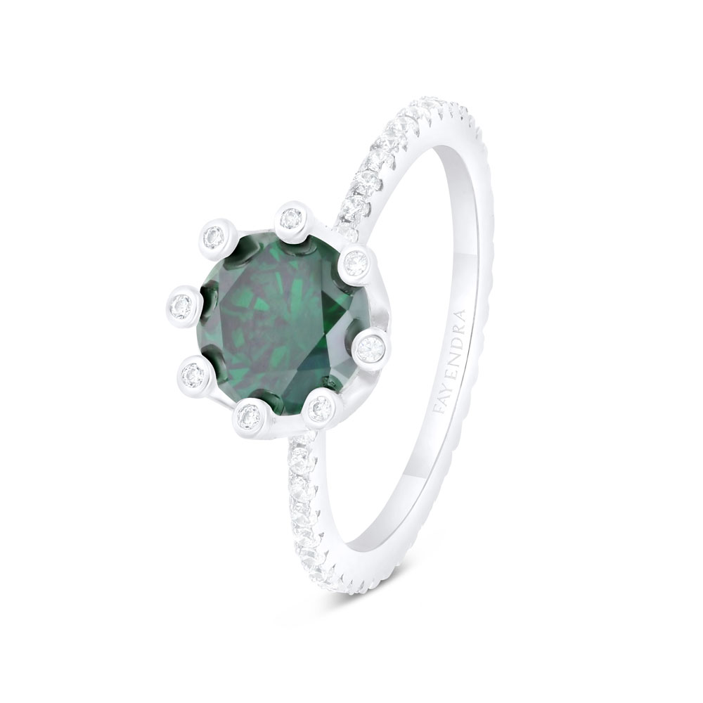 Sterling Silver 925 Ring Rhodium Plated Embedded With Emerald Zircon And White CZ