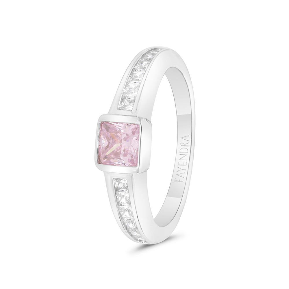 Sterling Silver 925 Ring Rhodium Plated Embedded With Pink Zircon And White CZ