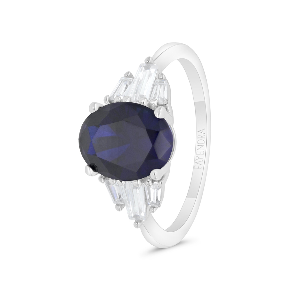 Sterling Silver 925 Ring Rhodium Plated Embedded With Sapphire Corundum And White CZ 