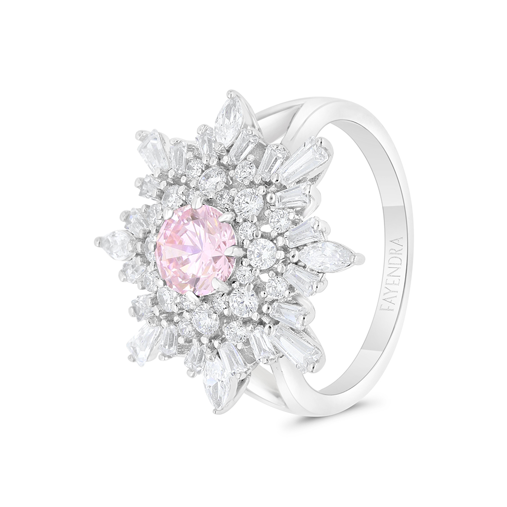 Sterling Silver 925 Ring Rhodium Plated Embedded With Pink Zircon And White CZ 