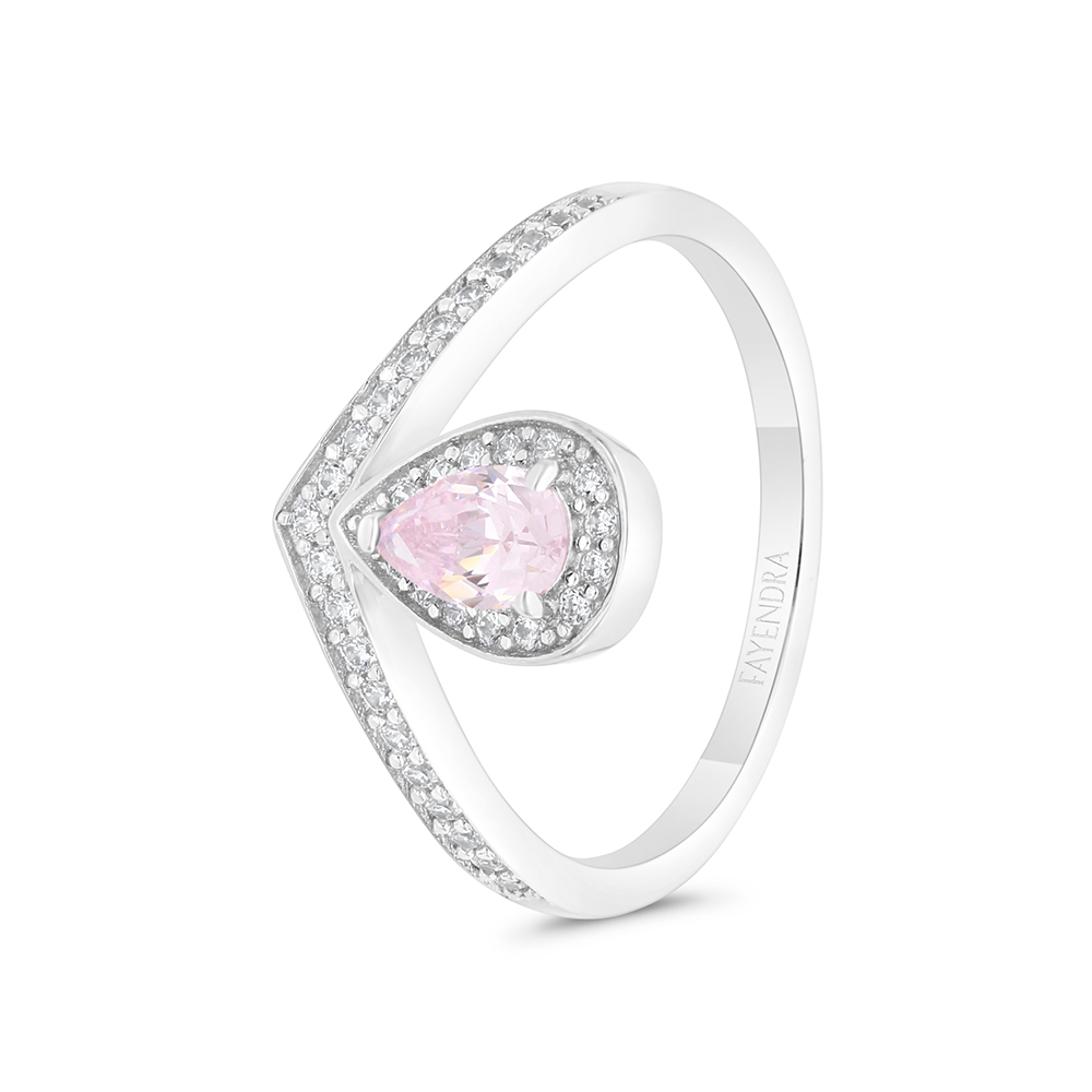 Sterling Silver 925 Ring Rhodium Plated Embedded With Pink Zircon And White CZ 