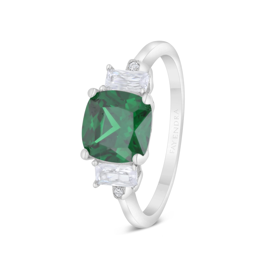 Sterling Silver 925 Ring Rhodium Plated Embedded With Emerald Zircon And White CZ 