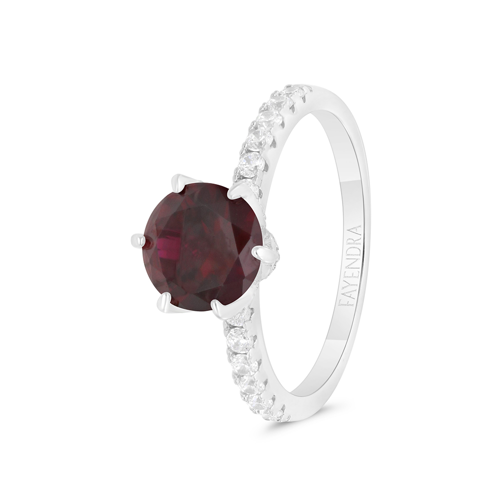 Sterling Silver 925 Ring Rhodium Plated Embedded With Ruby Corundum And White CZ 