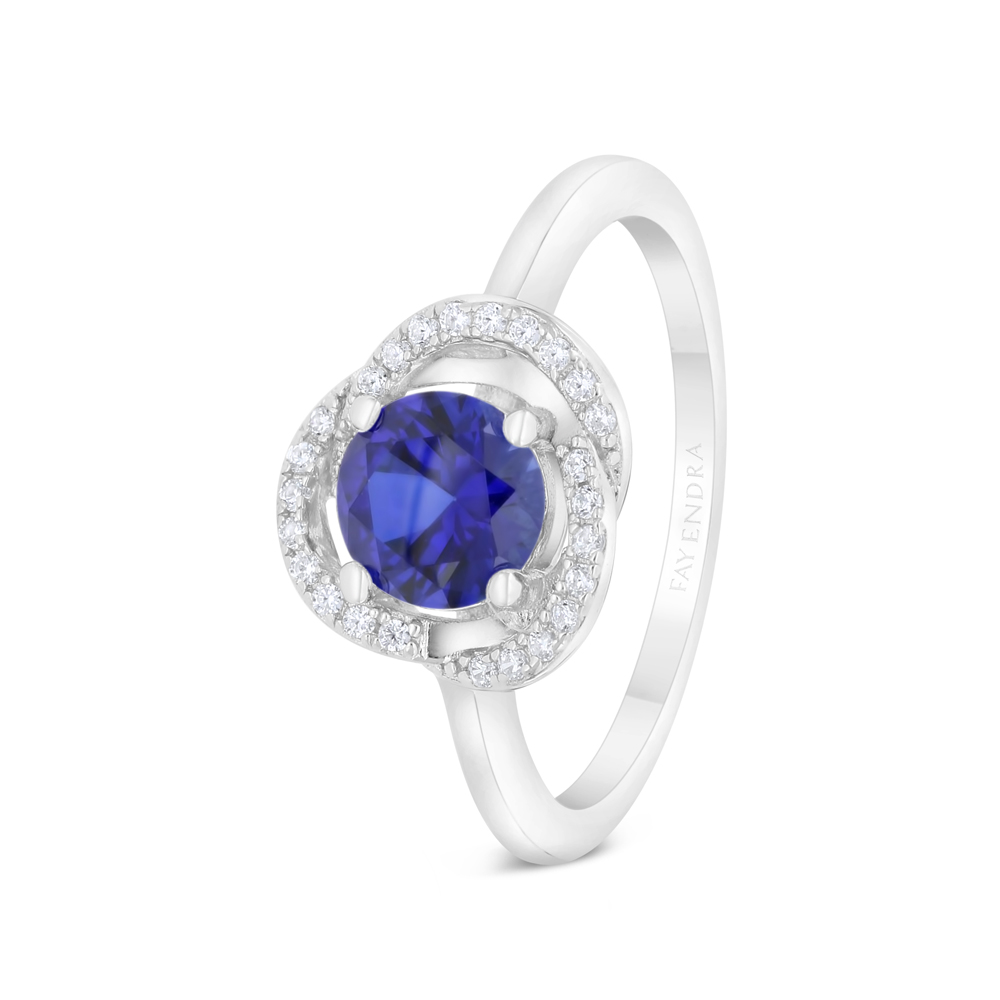 Sterling Silver 925 Ring Rhodium Plated Embedded With Sapphire Corundum And White CZ