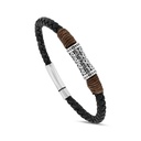 Stainless Steel Bracelet, Rhodium Plated Embedded With Black Leather For Men 316L