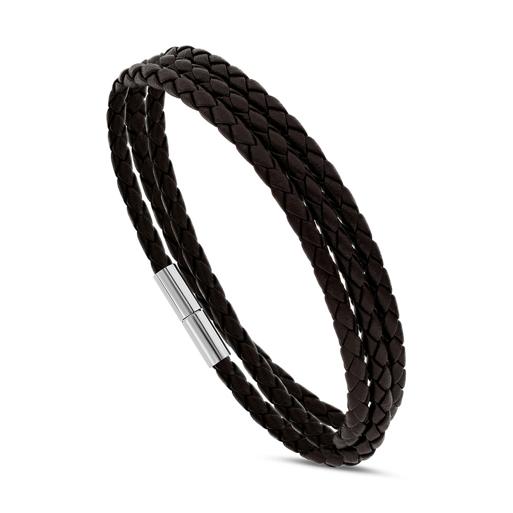 Stainless Steel Bracelet, Rhodium Plated Embedded With Brown Leather For Men 316L