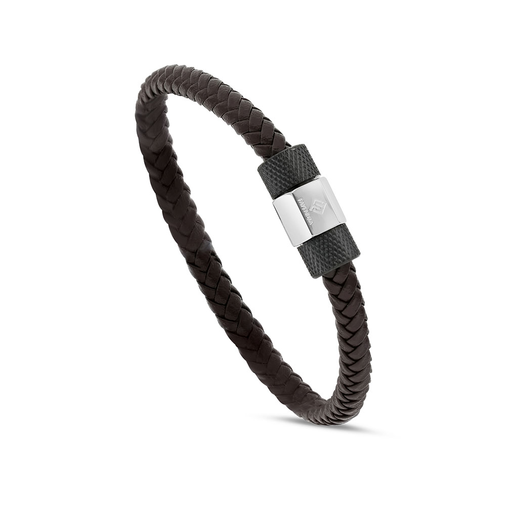Stainless Steel Bracelet, Rhodium And Black Plated Embedded With Black Leather For Men 316L
